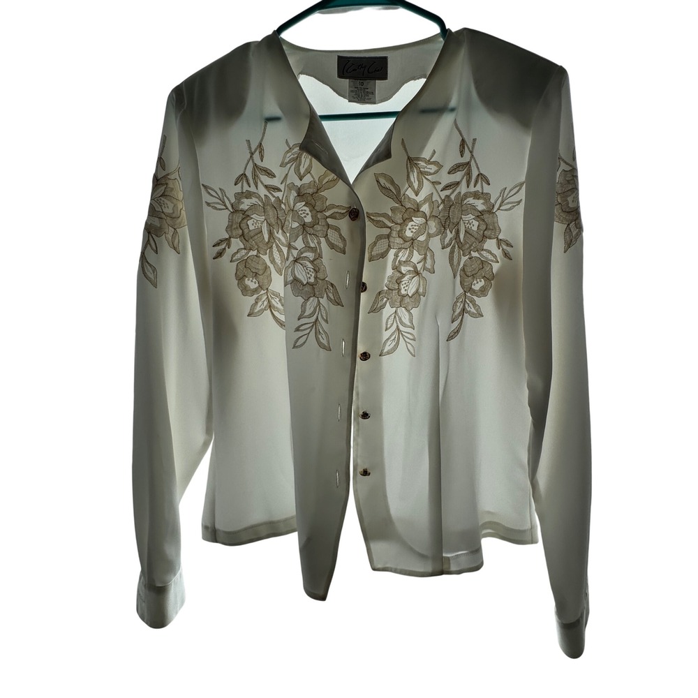 VTG Cathy Cho Floral Embroidered Blouse Women Size 10 White Long Sleeve Coquette